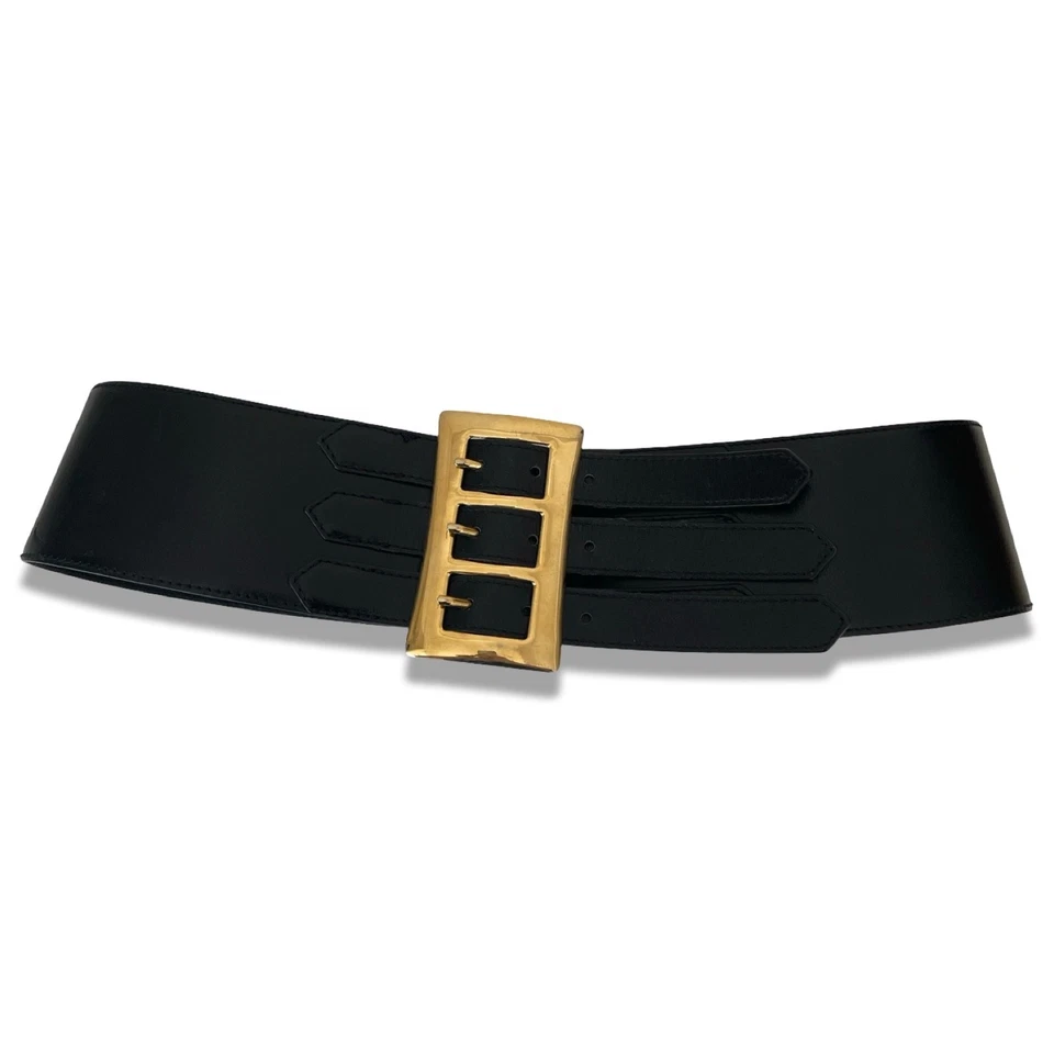 Escada Vintage Black Leather Wide Belt Gold Triple Buckle Made in Germany 38 - Image 4 of 4