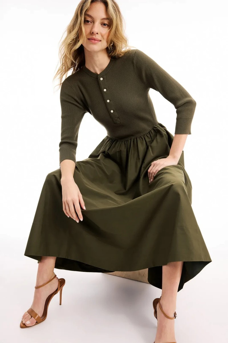 Polo Ralph Lauren Henley Bodice Dress Midi Dress Cotton Olive, Sz L, Rt $398 Polo Ralph Lauren Henley Bodice Dress Midi Dress Cotton Olive, Sz L, Rt $398