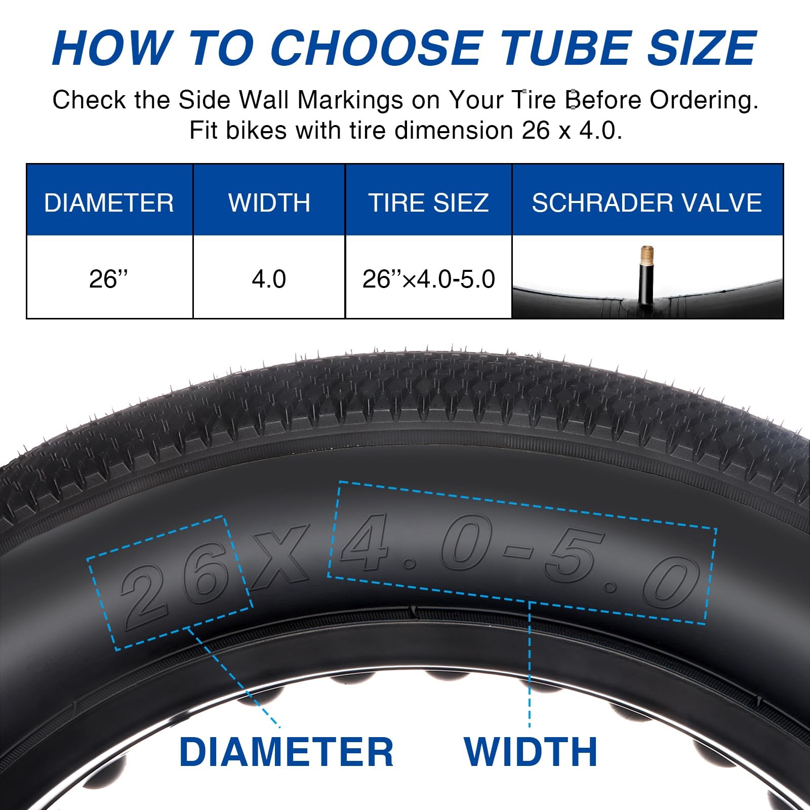 2-Pack 26&times;4.0/5.0 Fat Tire Bike Tubes Heavy Duty Bike Tube with AV 32mm