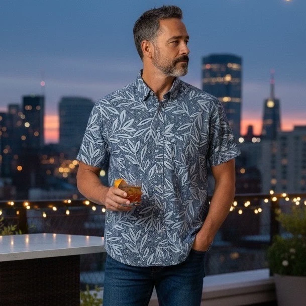 UNTUCKit Brentin Blue Linen Leaf Print Short Sleeve Slim Fit Shirt Mens Small