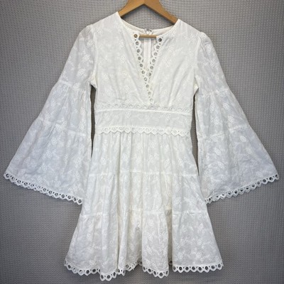 Lost + Wander Everlasting Love Bell Sleeve Cotton Eyelet White Dress Small Boho