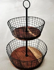 Farmhouse Country Rustic Black Metal & Wood 2 Tier Fruit & Vegetable Basket Disp