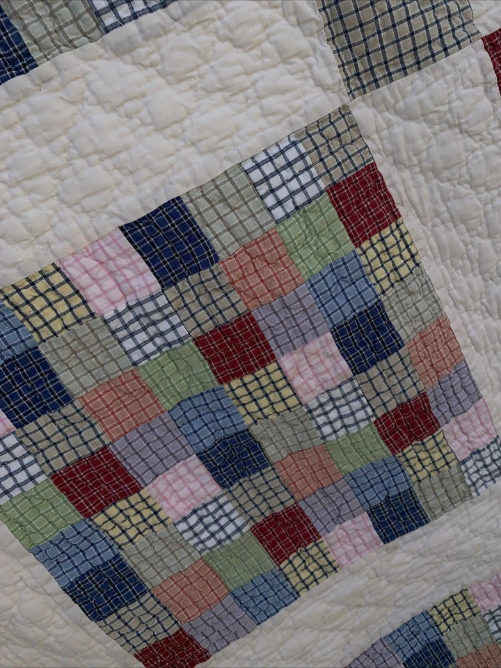 Nautica Twin Size folk art Quilt  Red Blue Patchwork  geometric Plaid Cotton - Image 3 of 4