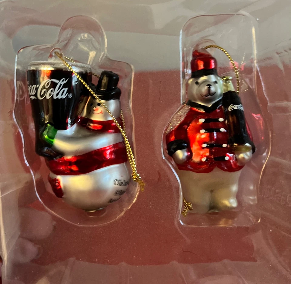Snowman And Bear Holding Coca Cola Blown Glass-Christmas Tree Ornaments-NW - Image 2 of 4