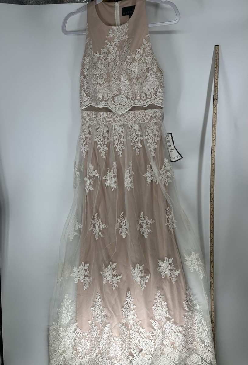 Avery G Beige White Floral Lace Halter Maxi Dress Size 8 Women Prom NWT $335