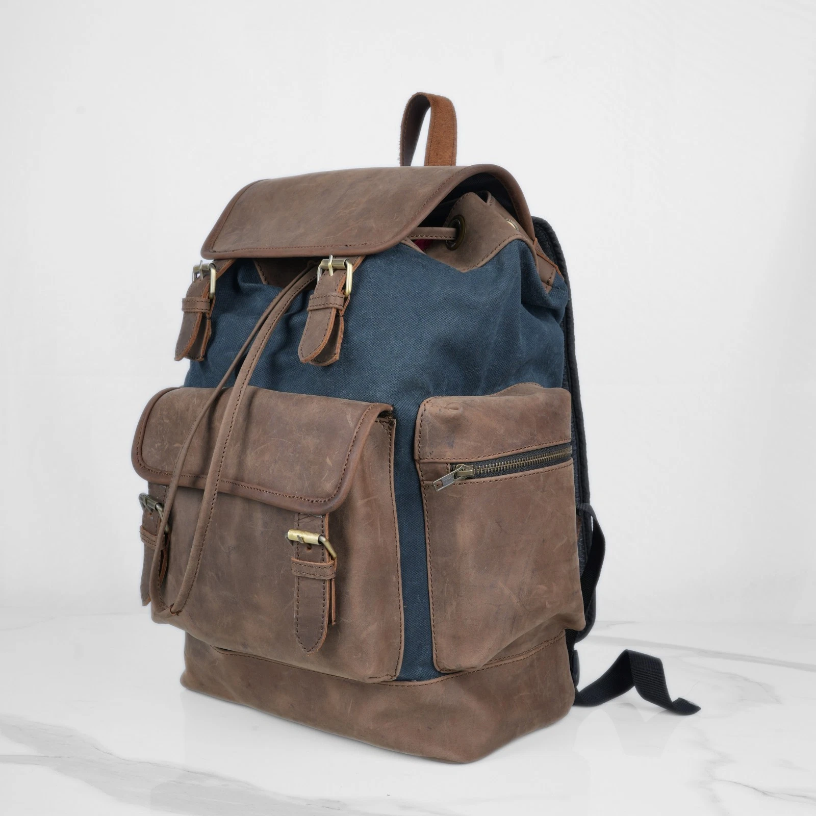 Navy blue waxed canvas & leather backpack, rucksack, travel bushcraft bag.