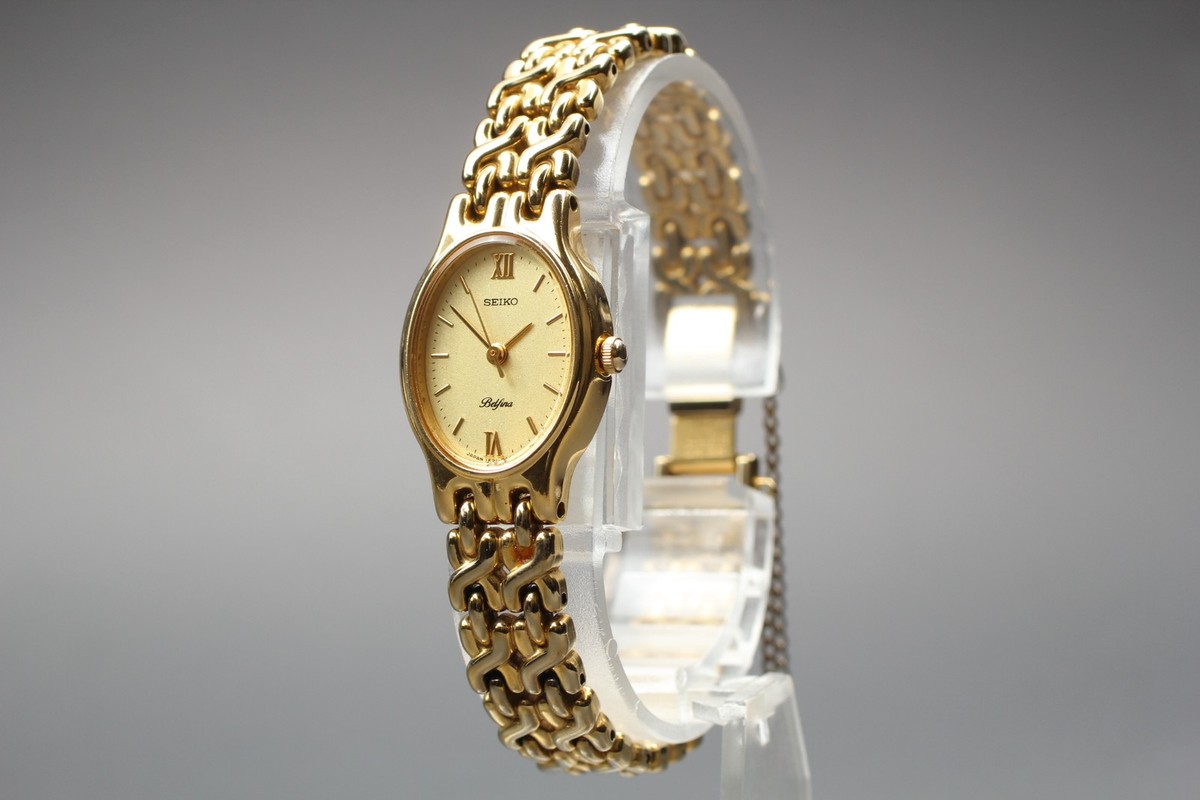 Vtg 1990 [Near MINT] Seiko Belfina 1F21-5A80 Gold Bracelet Qz