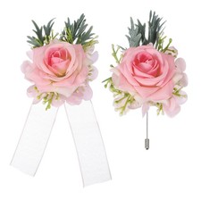 Bright Pink Wrist Corsage and Boutonnieres Set, Artificial Flowers for Wedding
