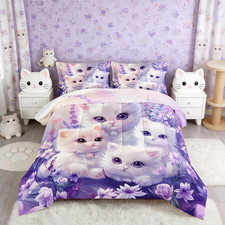 Floral Cat Comforter Set for Toddler Girls - Cute Bedding with 2 Pillowcases