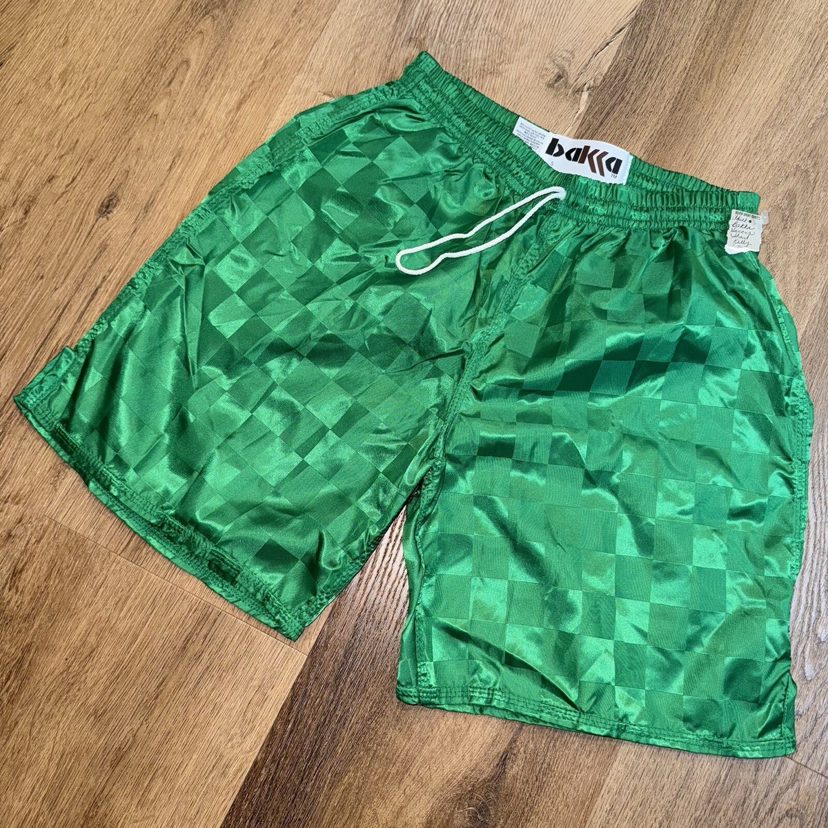 NOS Vtg Nylon Soccer Shorts Checkered Bakka Green Wet Look NOS Vtg Nylon Soccer Shorts Checkered Bakka Green Wet Look