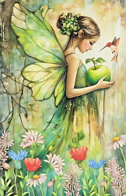ACEO Artist Trading Card Apple Fairy Nature Scene 2.5x3.5 Mini Art Print ATC