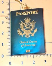 US Passport Christmas Tree Ornament Mouth Blown Glass Blue Vtg