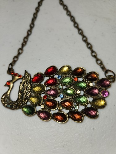 Necklace Peacock Bezel Faux Gems Copper Tone Pendant Chain Jewelry Vintage - Picture 7 of 7