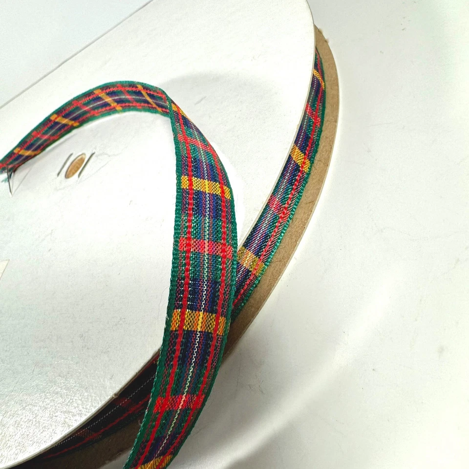Vintage Plaid Ribbon Woven Green Red Yellow Purple Bombay USA Approx 90 Yards - Image 3 of 4