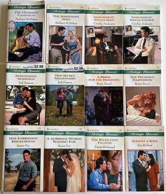 Lot of 12 Harlequin green banner romance novels by seven authors