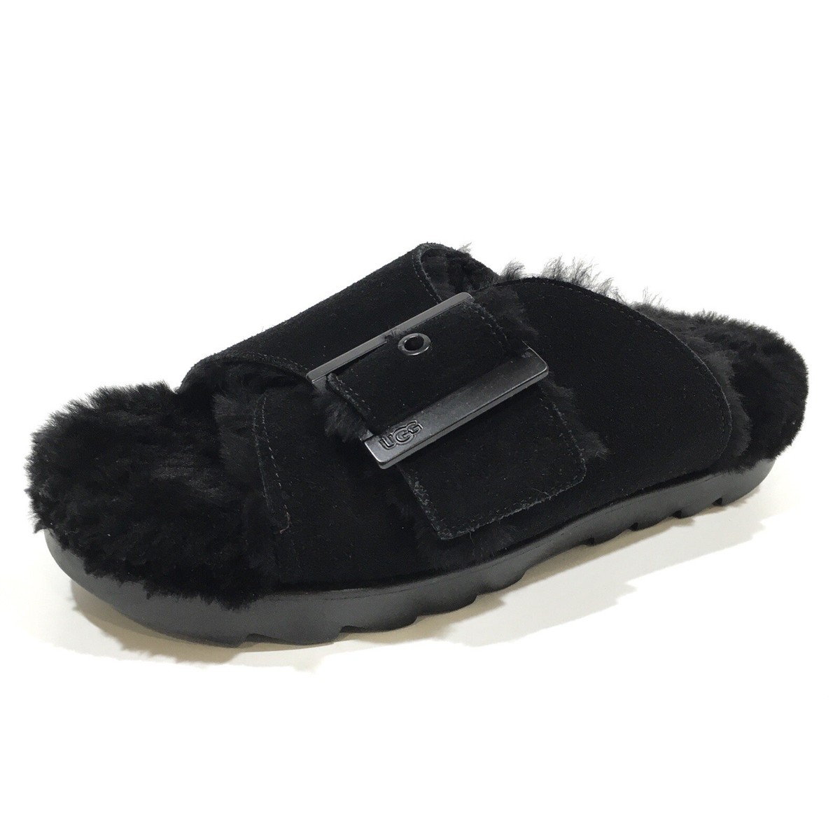 UGG OUTSLIDE BUCKLE SANDAL SLIPPER -BLACK SUEDE SHEEPSKIN