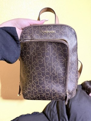 Calvin Klein Brown Monogram Backpack Zip Closure Detachable Strap Gold Hardware