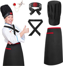 Hibachi Chef Hat and Apron Costume Set, Professional Complete Japanese Teppan...