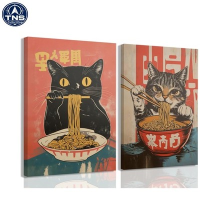 Whimsical Black Cat Eating Ramen Canvas Art Set of 2 - Unique Gift