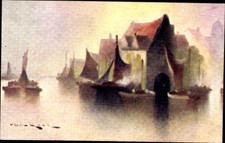 Artist Postcard Harbour, Sailboats, House - 4182034