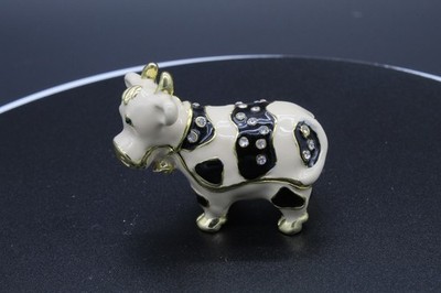 Mini Jeweled Cow Trinket Box Hinged Enamel Rhinestone Gold Tone Decor