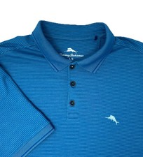 Tommy Bahama Men s Large Polo Shirt Blue Striped Marlin Logo Short Sleeve