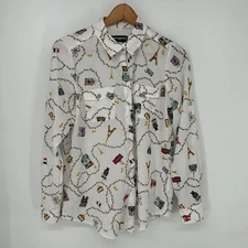 Karl Lagerfeld Blouse Womens Small White Chain Paris Button Front All Over Print