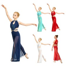 Kids Girls Bodysuit Shimmery Dancewear Wide-leg Jumpsuit Patchwork Lyrical Mesh