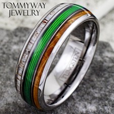 Tungsten Men's Ring Green Fishing Line-Whiskey Barrel Wood  Deer Antler Band