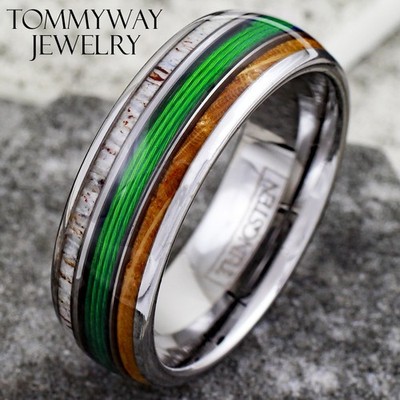 Tungsten Men's Ring Green Fishing Line-Whiskey Barrel Wood & Deer Antler Band