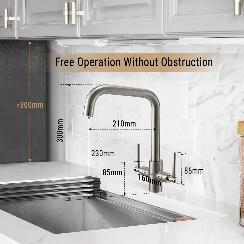 Brushed Steel Kitchen Tap Peppermint Dual Lever Kitchen Mixer Taps 1 Hole - Image 3 of 4