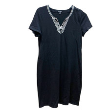 L TALBOTS Womens Black White Embroidered Neck Shift Stretch Knit Dress Sz Short