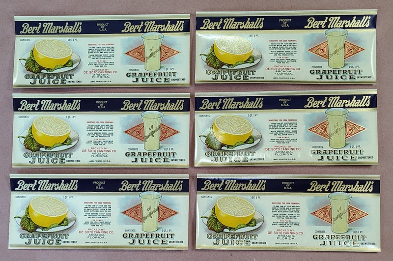 Lot of (6) BERT MARSHALL'S Grapefruit Juice Can Labels Arcadia Florida Gold Ink!