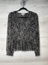 DR2 Blouse Womens Small Black Beige Paisley Long Sleeve Peplum Top Sheer Stylish