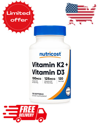 Nutricost Vitamin D3 + K2 (5000 IU D3 / 100mcg MK7), 120 Softgels   Gluten-Free 