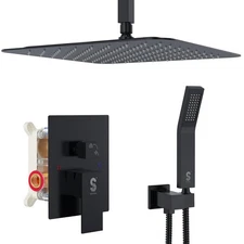 12 Inch Ceiling Mount Matte Black Shower System Bathroom Luxury Rain Mixer Sh...