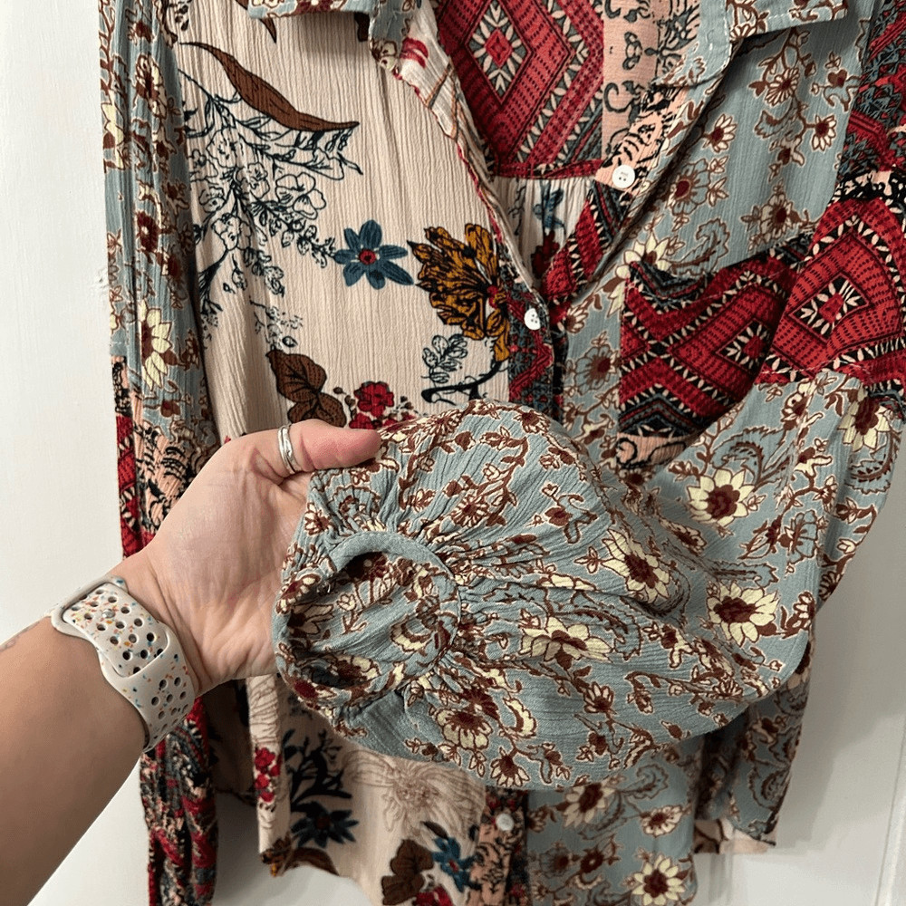 Umgee Multicolor Patchwork Button-Down Blouse - image 5