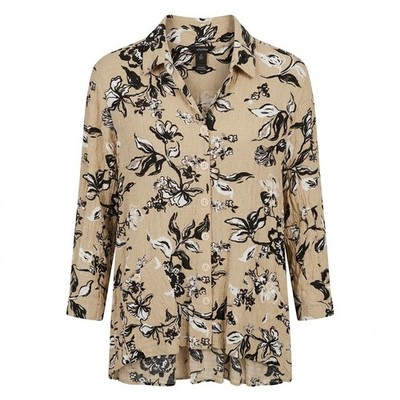NEW Ali Miles Womens 3X Beige Black Floral Wire Collar Button Up Blouse Shirt