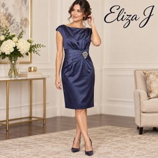 Eliza J Size 6 Navy Satin Jeweled Brooch Ruched Cocktail Dress