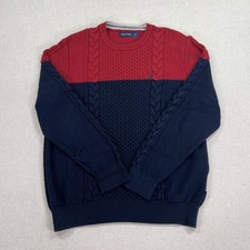 Nautica Sweater Mens Large Blue Red Cotton Cable Knit Crewneck Pullover Classic