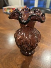 FENTON Vtg Amethyst Purple Glass Vase 5.5  Melon Shape Ruffle Rim
