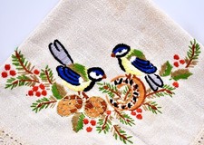 Birds Tablecloth,Embroidered,Pinecones,Berries,Beige,Cotton,Lace Trim,32" sq.