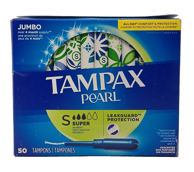 Tampax Pearl Tampons Super Absorbency Unscented Jumbo - 50 Pack