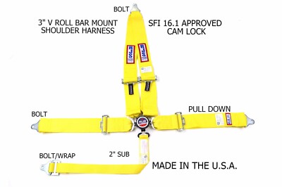 RJS SFI 16.1 CAM LOCK 5 POINT RACING HARNESS BELT V ROLL BAR BOLT YELLOW 1029306
