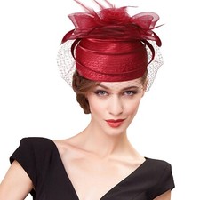 Burgundy Fascinator Church Pillbox Hat Tea Party Dress Hats Women Lady With Veil