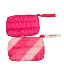 2 Estee Lauder Pink Striped Puffy Quilted Logo Makeup Beauty Wristlet Bag 9x6