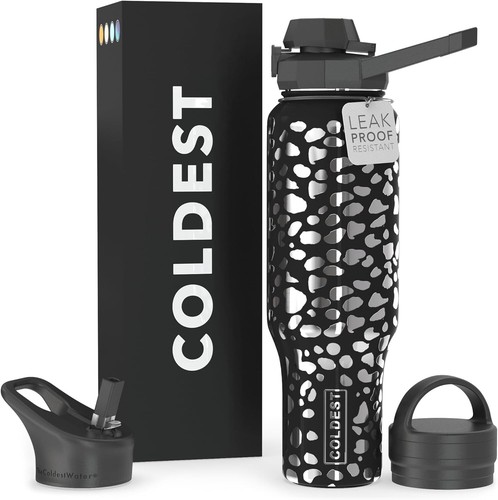 Coldest Insulated Sports Water Bottle 46 oz - 3-in-1 Versatile Lids & Leak-Proof - Picture 3 of 8