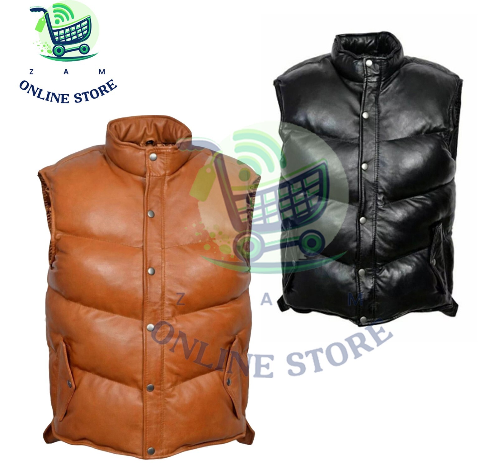 MEN'S GENUINE SOFT LAMBSKIN LEATHER BUBBLE PUFFER VEST BLACK & TAN