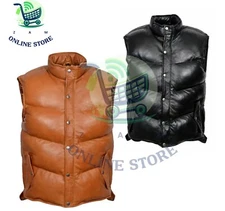 MEN'S GENUINE SOFT LAMBSKIN LEATHER BUBBLE PUFFER VEST BLACK & TAN ~Hot Seller!