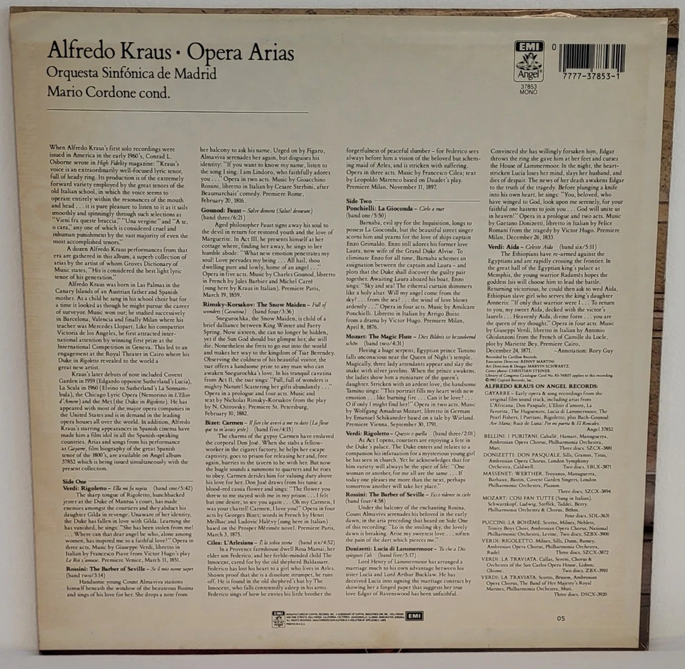 Alfredo Kraus Opera Arias Vinyl LP ANGEL EMI 37853 MONO 33RPM Near Mint - Image 3 of 4